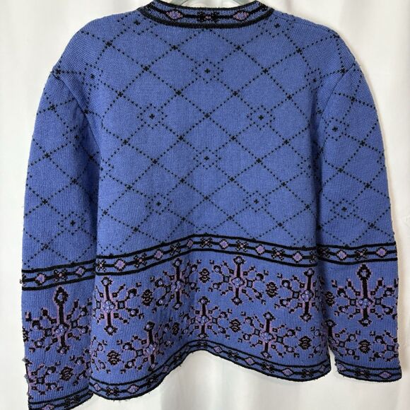 Vtg Frost Womens L Wool Blend Full Zip Nordic Cardigan Sweater Blue Border 90s - Picture 8 of 8
